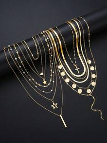 11/10/4pcs Fashionable Minimalist Golden Butterfly,Heart,Cross,Star,Moon,Faux Pearl Multi-Layer Necklace Set,Vacation,Party,Match With Daily Outfits - 金黃色 - 查看 5