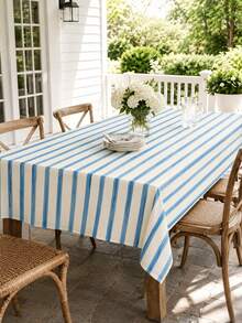 1pc Blue Stripe Table Cloth, Farmhouse Polyester Round Tablecloth With Vertical Line Pattern, Soft Washable Decorative Table Cover For Dining Table, Kitchen, Brunch, Picnic, Party, Wedding, Indoor Outdoor Home Decor - Multicolor - View 9