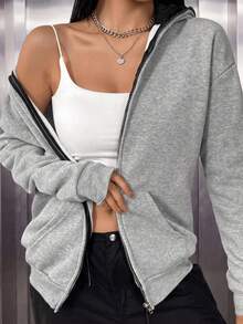 Women's Casual Fleece Balaclava Sweatshirt With Double Hood, Zipper Pockets, Loose Fit, Warm, Grey, Suitable For Autumn/Winter Daily Wear - Light Gray + Black Cap - View 6