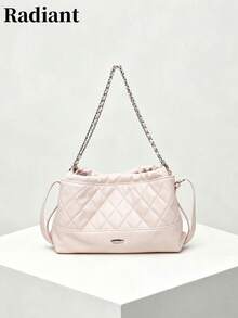 Women's Shoulder Handbag, Quilted Faux Leather With Metal Chain, Detachable Crossbody Strap, Minimalist Everyday Bag - Pink - View 9