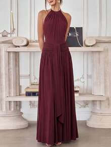 Women's Sexy Backless Ruched Tie Pleated Maxi Dress, Solid Color Elegant Slim Fit Evening Party Ball Gown - Burgundy - View 1