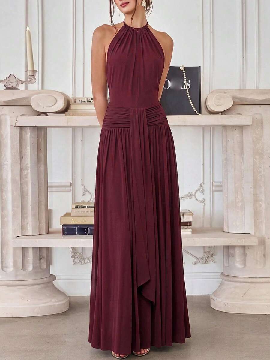 Women's Sexy Backless Ruched Tie Pleated Maxi Dress, Solid Color Elegant Slim Fit Evening Party Ball Gown - Burgundy - View 1
