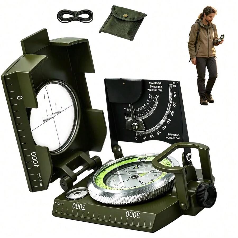 Militärgrüner Multifunktionskompass mit Neigungsmesser, fluoreszierendem Zifferblatt und Visierlinse für Camping, Wandern, Jagen, Bergsteigen und Outdoor-Navigation - Armeegrün - Übersicht 1