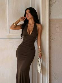 Fall, Elegant Party Dress, Women's Waist Halter Backless Beach Dress, Perfect For Weddings, Festivals, Back To School, Halloween - Brown - View 1