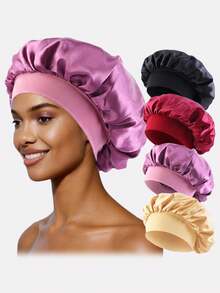 3pcs Women's Multi-Color Satin Wide Brim Sleep Caps, Solid Color Breathable Polyester Hair Caps For Daily Use - Multicolor - View 19