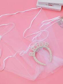 Women's Fashion Bride Letter Pearl Headband With Veil, Wedding Party Bridal Headpiece, Rhinestone Headband Hair Accessory - White - View 4