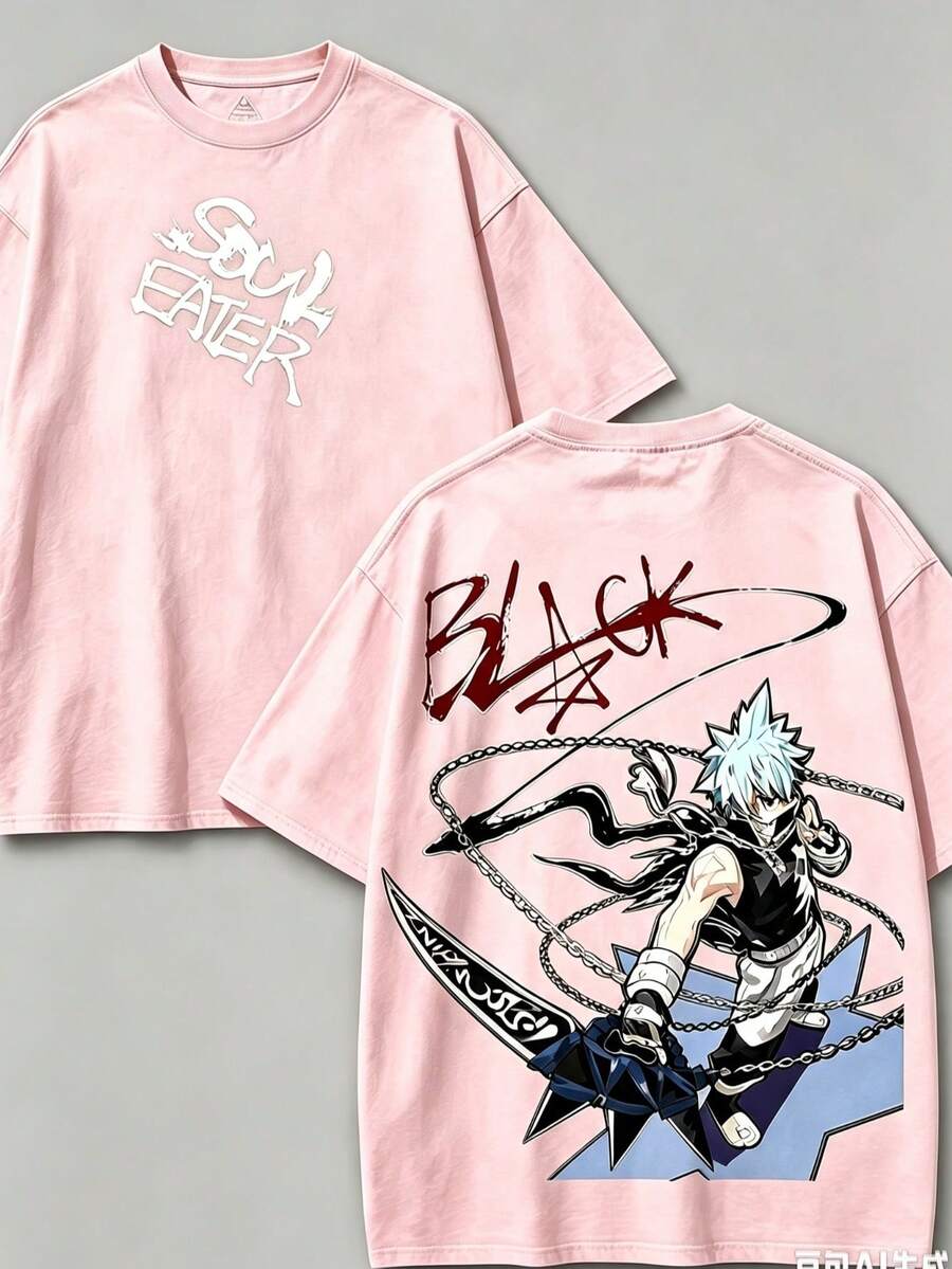 Soul Eater - Black Star Anime Washed T-Shirt, Double-Sided Cotton, Unisex Design, Japanese Manga Merchandise, Men's T-Shirt - 粉紅色2 - 查看 1