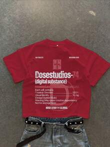 Camiseta de Verano para Hombre, Manga Corta, Estampado de Letras, Cuello Redondo, Holgada, Estilo Urbano - Rojo - Ver 9