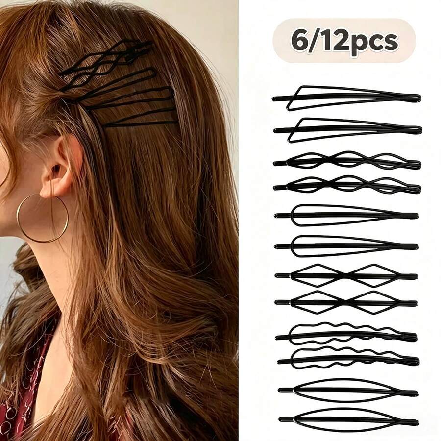 6/12pcs Casual Versatile Minimalist Black Hair Clips - Multicolor - View 1