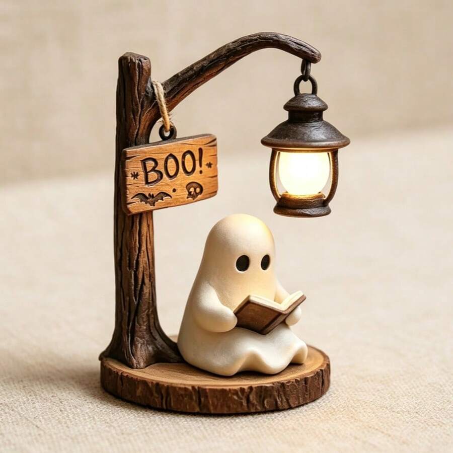 Acrylic Flat Halloween Ghost Reading Book Figurine, Vintage Style Home Decor Ornament For Halloween Tabletop Decoration, Holiday Gift Display, Social Media Aesthetic Content