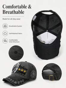 1pc Vintage Washed Denim Baseball Cap, Letter Embroidery, Distressed Frayed Brim, Adjustable Casual Outdoor Sports Sun Hat, Unisex - Letter Embroidery Style - View 3