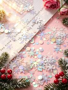 15/30/50g Christmas Snowflake Sequins, Holographic Iridescent PVC Table Confetti, Winter Snowflake Round Glitter Decor, Suitable For Christmas Party Table Decoration, Gift Box Filler, Holiday Photo Background Supplies - Multicolor - View 3