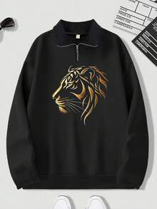 Plus Size Men's Gold Line Art Lion Head Print Crew Neck Sweatshirt, Loose Fit Casual Long Sleeve Pullover Top, Autumn/Winter - Black - View 2