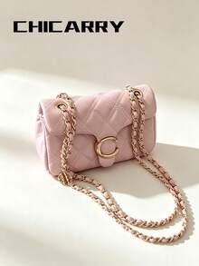 Women's Elegant Pink Chain Quilted Diamond Grid Square Bag, Suitable For College Students, Commuting, Outdoor Travel, Shoulder Bag, Minimalist Versatile, Perfect For Shopping, Dating, Work - Pink - View 3