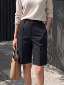 1pc Women's Solid Color High Waist Suit 5-Point Pants, Front Center Line Pleated Draped Slimming Straight Leg Mid-Length Trousers Black Summer - Black - View 4