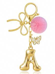 Cute Minimalist A-Z Initial Gold Keychain With Bowknot Pink Fur Ball Key Chain For Women's Bags, Daily Wear And Gift - Gold - View 2