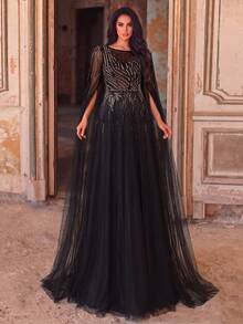 Elegant Black Long Ball Gown With Rhinestone Sequin Embellished Bodice And Sheer Extra-Long Cloak Sleeves, Perfect For Formal Evening Parties - Black - View 5