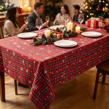 1pc Christmas Red Plaid Tablecloth With Snowflakes, Double Sided Printed Farmhouse Xmas Decorative Table Cover For Holiday Dinner Party, Rectangular Washable Fabric Table Cloth For Kitchen Dining Home Decor - Multicolor - View 4