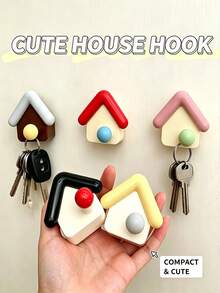 5pcs/1pc Cute House Shaped No-Drill Strong Adhesive Hooks, Decorative Practical Storage Hooks, Suitable For Bedroom Bathroom Kitchen Entryway Home Miscellaneous Storage Decoration, Room Decoration, Autumn Home Decor - Multicolor - View 2