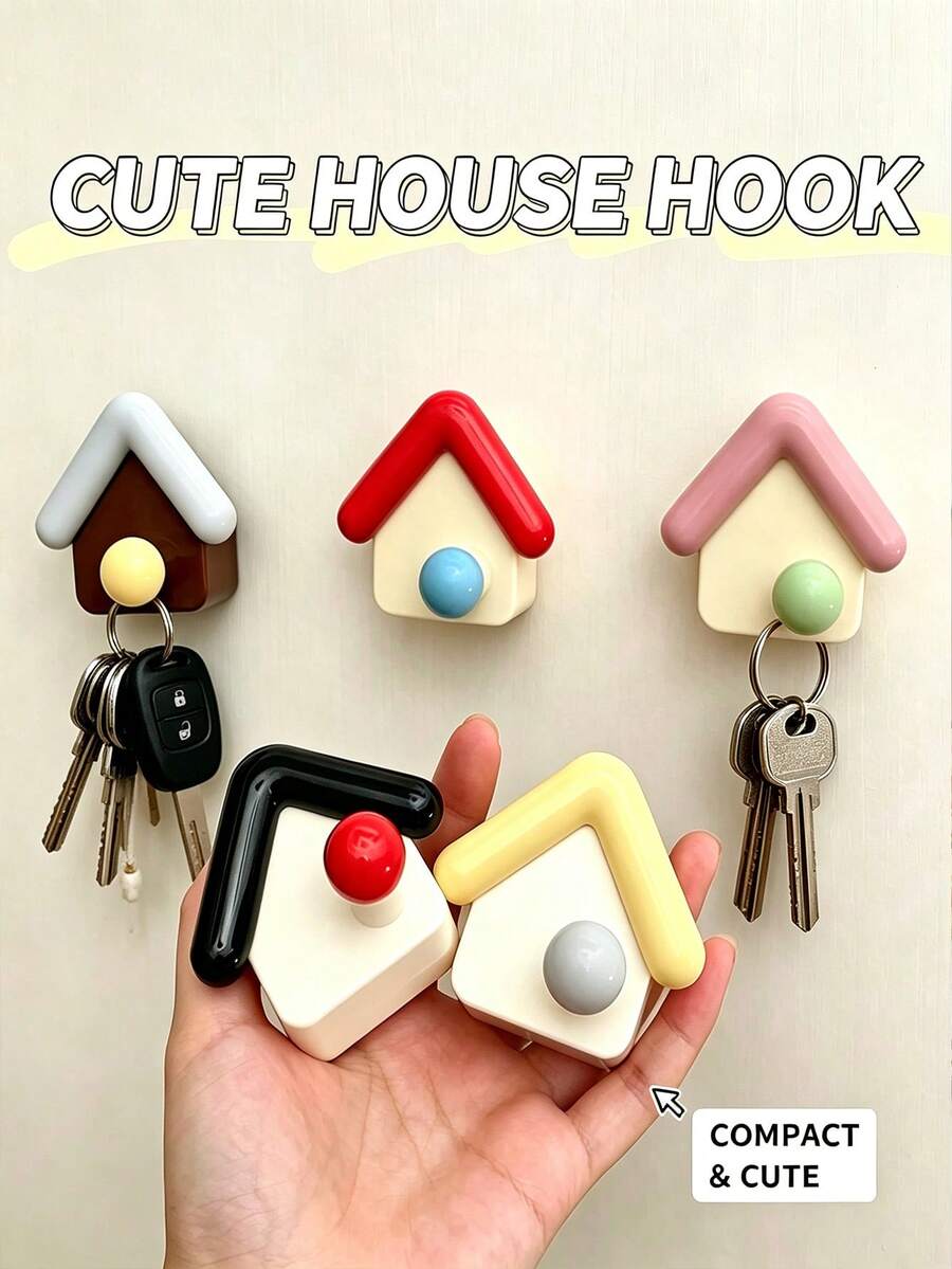 5pcs/1pc Cute House Shaped No-Drill Strong Adhesive Hooks, Decorative Practical Storage Hooks, Suitable For Bedroom Bathroom Kitchen Entryway Home Miscellaneous Storage Decoration, Room Decoration, Autumn Home Decor