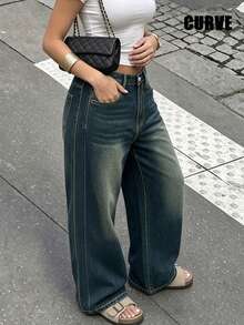 Plus Size Women's Retro Casual Loose Straight Leg Denim Maxi Pants, Fashionable & Versatile Spring Fall - Dark Wash - View 5
