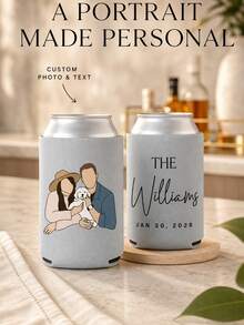 Personalized Can Cooler Sleeves, Custom Photo And Text Drink Holder With Portrait, Custom Name And Date Beverage Can Sleeve, Wedding Party Favor For Couples And Pet Families - Multicolor - View 1