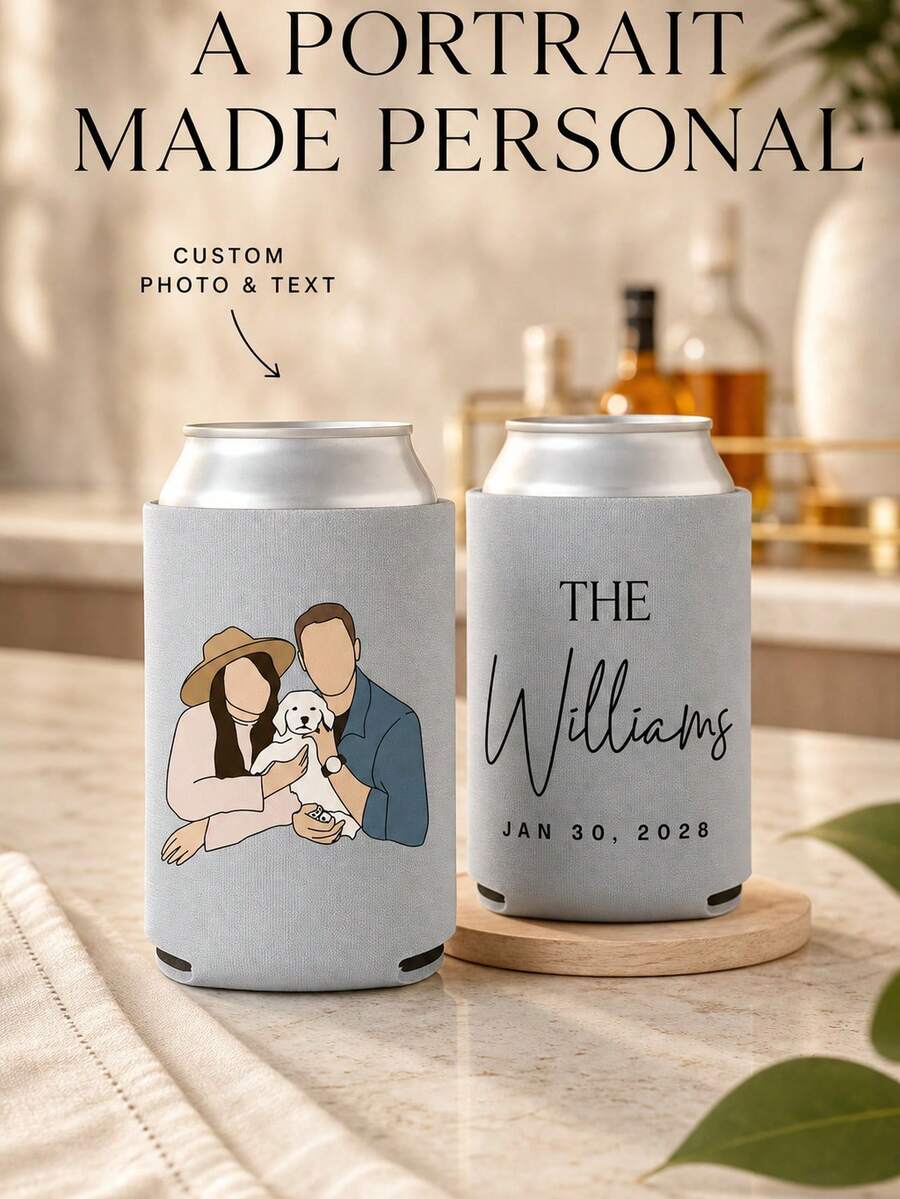 Personalized Can Cooler Sleeves, Custom Photo And Text Drink Holder With Portrait, Custom Name And Date Beverage Can Sleeve, Wedding Party Favor For Couples And Pet Families - Multicolor - View 1