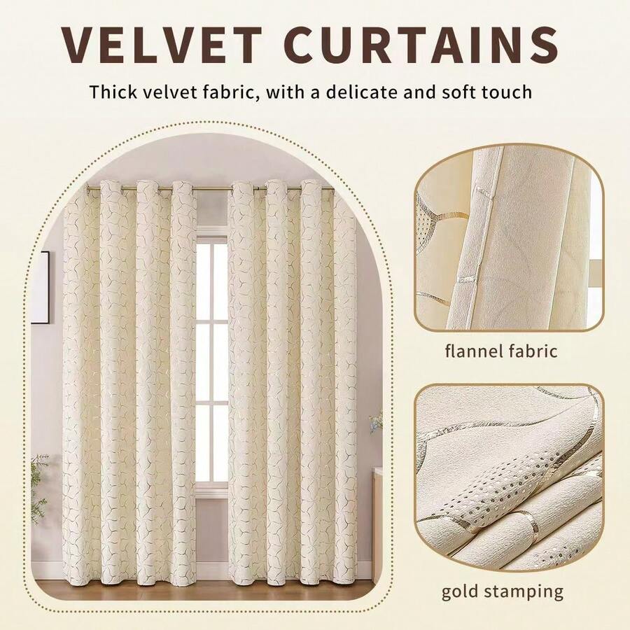 1PC White Premium Velvet Diamond Lattice Gold Foil Filtered Curtain, Suitable For All Seasons, Applicable To Bedroom, Living Room, Dining Room, Provides Great Decorative Effect, Top Lock Ring Design, Easy To Install And Remove - White - View 1