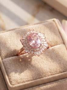 Elegant Luxury Rose Gold Women Ring Inlaid Pink Cubic Zirconia Suitable For Wedding & Dating Romantic Confession Gift For Her. - Rose Gold - View 2