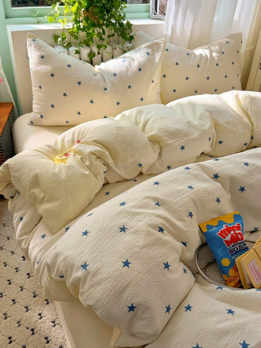 Minimalist Blue Star Bedding Set, Comfortable & Breathable Bed Sheet & Duvet Cover 4-Piece Set (1 Duvet Cover + 1 Bed Sheet + 2 Pillowcases, Duvet Insert & Pillow Insert Not Included, Pillowcase Pattern Randomly Cut)