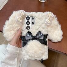 Autumn/Winter Plush Big Ear Bow Phone Case For S22/S23/S24/S25/S26 Ultra/Plus, Sweet Girl Style Plush Pocket Design Full Coverage Shockproof Protective Cover - White - View 5