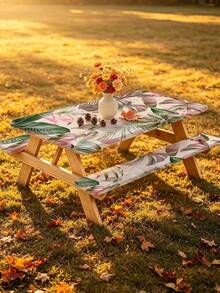 3 Pieces Picnic Tablecloth Set With Bench Cover, Elastic Edge Design, Leaf And Colorful Floral Pattern, Washable Rectangular Tablecloth, Suitable For Weddings, Camping, Picnics, Garden Parties And More, Practical Essential - A - View 9