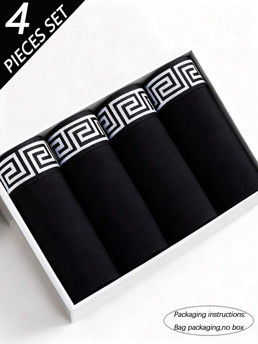 4pcs Solid Color Men's Boxer Briefs With Pattern, Men's Pajamas, Loungewear, Men's Underwear, Boxer Shorts - Black - View 1