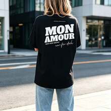 Large Size T Shirt Malle Party Shirt Mon Amour,French Text,Pattern Design,Round Neck,Romantic Gifts For A Bachelorette Party,Solid Color - 黑色 - 查看 1