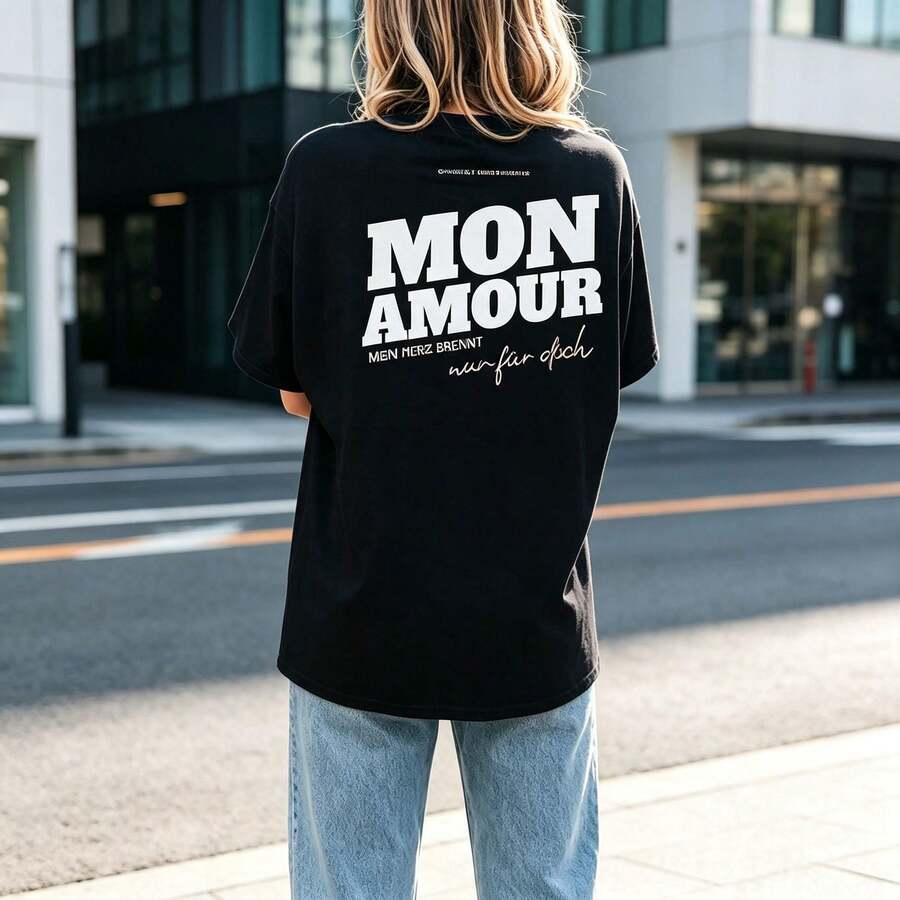 Large Size T Shirt Malle Party Shirt Mon Amour,French Text,Pattern Design,Round Neck,Romantic Gifts For A Bachelorette Party,Solid Color - 黑色 - 查看 1
