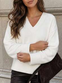 Sweater Rajut Bergaris Putih Sederhana Leher V Lengan Panjang Pullover Dasar Atasan Kasual Elegan dan Nyaman untuk Wanita Musim Gugur/Musim Dingin Pakaian Sehari-hari untuk Hari Thanksgiving - Putih - View 3