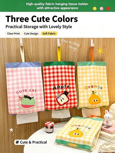 Cute Plaid Hanging Tissue Storage Bag, Large Capacity Can Hold Multiple Packs Of Tissues, Top Opening For Easy Refill, Bottom Dispensing Design For Convenient Access, Comes With Hanging Strap For Flexible Placement. Suitable For Bedroom Wall, Sofa Side, Bathroom, Dorm, Rental Apartment, Entryway, Study, Frees Up Countertop Space, Multiple Fresh Prints Available, Combines Storage And Decorative Effects, Practical Home Essential.