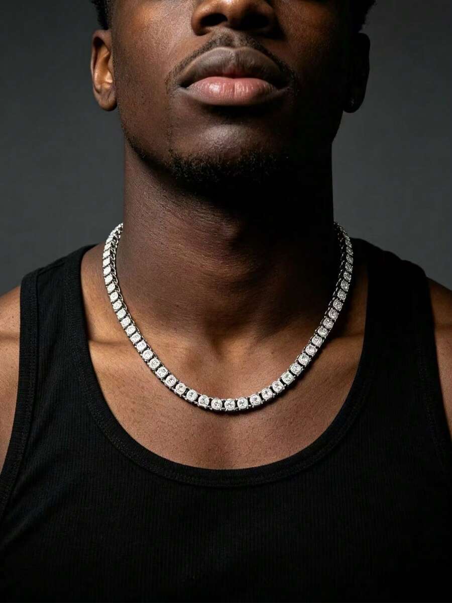1pc Hip Hop Full Rhinestone Tennis Necklace, 5mm Single Row Square Link Street Style Jewelry, Silver Tone Unisex Necklace, Suitable For Men And Women Daily Wear, Party - Silver - View 1
