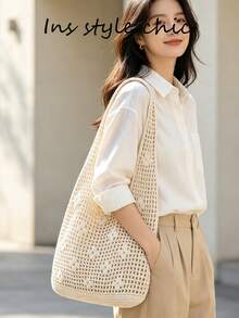 Mesh 3D Crochet Hollow Out Knitted Shoulder Bag, Transparent Mesh Lightweight Breathable Large Capacity Open Top Design, Niche Style, Suitable For Vacation, Travel, Dating, Shopping, Commuting, Outdoor Outings (No Lining) - Apricot - View 7