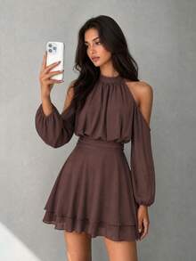 Casual Fashion Brown Cold Shoulder Lantern Sleeve Short Chiffon Dress, Elegant - Brown - View 4