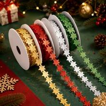 10yards/Roll 1.5cm Festive Star-Shaped Satin Ribbon Rolls In Gold, Red, White & Green - Christmas Craft Trim For Holiday Gift Wrapping, Tree Garland, - Star - View 1