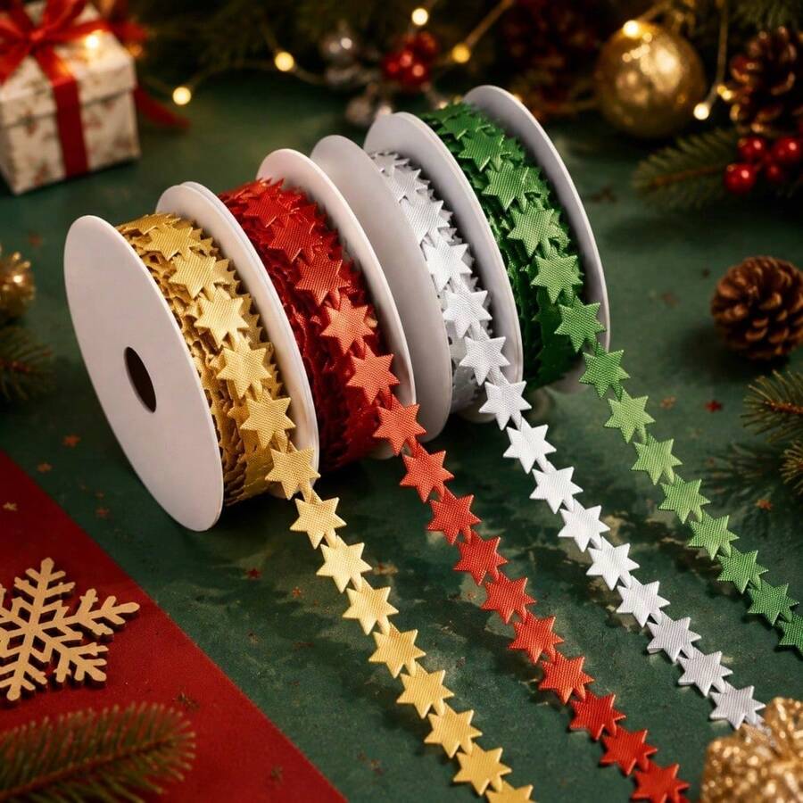 10yards/Roll 1.5cm Festive Star-Shaped Satin Ribbon Rolls In Gold, Red, White & Green - Christmas Craft Trim For Holiday Gift Wrapping, Tree Garland, - Star - View 1