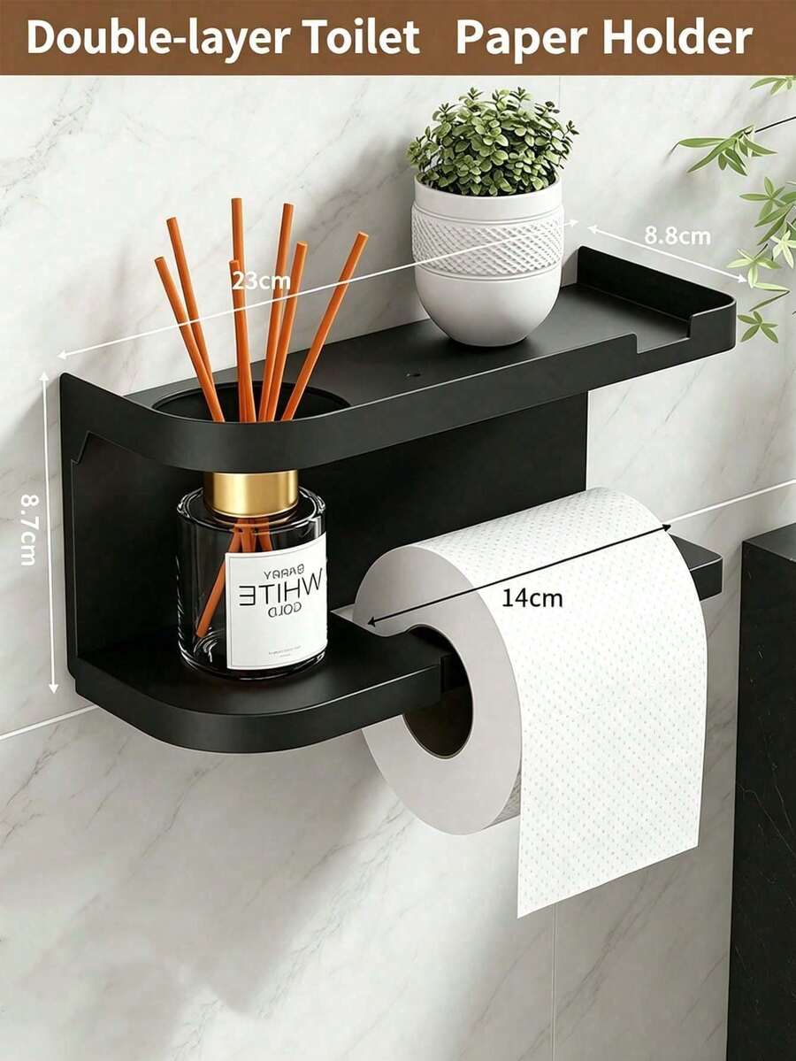 1pcToilet Paper Holder Bathroom Storage Rack, Punch Free Double Layer Wall Mount Tissue Holder With Storage Shelf, Bathroom Organizer For Restroom Household Use - Multicolor - View 1