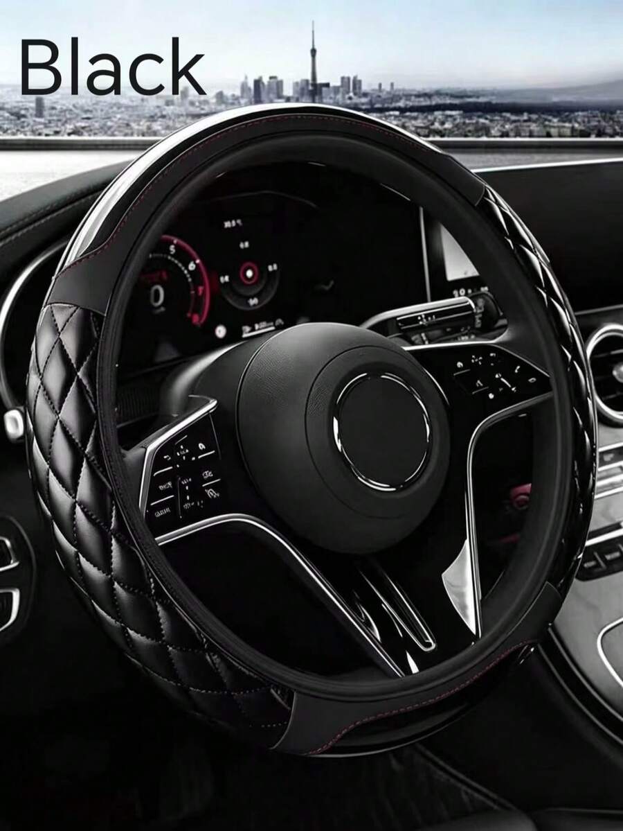 1pc Quilted PVC Leather Steering Wheel Cover, Sweat-Proof, Anti-Slip, Wear-Resistant, All-Season Universal, Fits 36-38cm (14.17-14.96in) Steering Wheels, Car Interior Accessory, Suitable For Most Car Models - Quilting - View 1