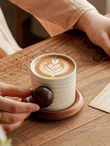 Japanese Wabi-Sabi Ceramic Coffee Cup & Saucer Set With Handmade Texture And Round Wooden Handle – Ideal For Home Afternoon Tea, Latte Art, And Daily Brew – Rustic Elegance For Warm, Inviting Sips. - Multicolor - View 6