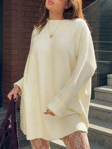 Women's Oversized Round Neck Soft Cozy Layered Sleeve Mid-Length Knit Dress, Fall Winter Casual Chic For Daily, Dating - Apricot - View 3