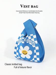Flower Checkerboard Knit Vest Bag, Vintage Checkerboard Jacquard Wrist Pouch - Blue - View 3