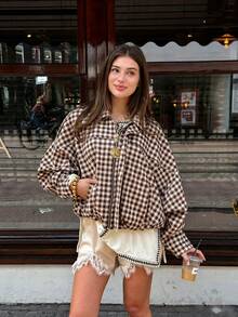 Brown Plaid Woven Women's Zipper Front Jacket - Multicolor - View 6