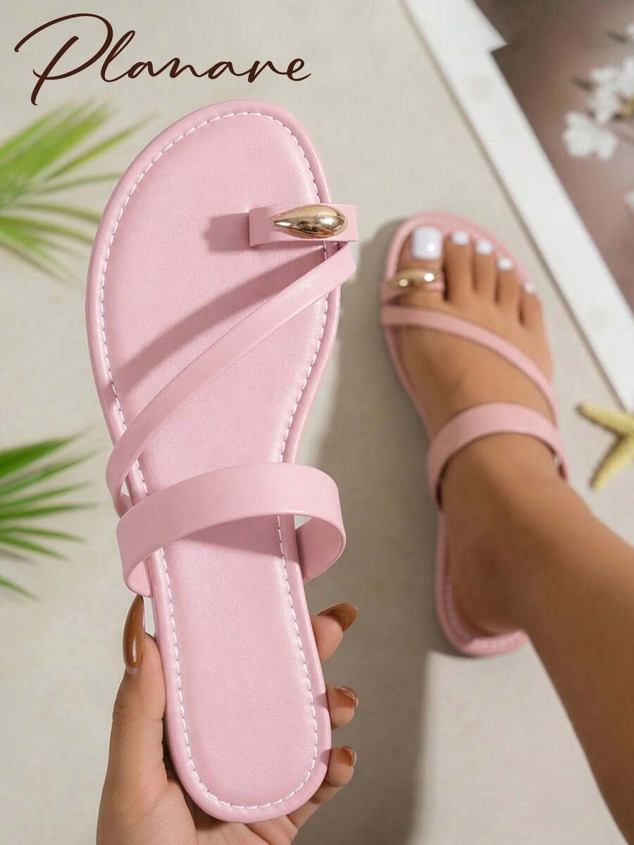 planare Sandalias planas de mujer de moda casual de verano con punta redonda y decoración dorada, sandalias elegantes de mujer, sandalias de playa, zapatos planos de mujer, pantuflas, sandalias rosas de mujer - Rosa - Ver 1