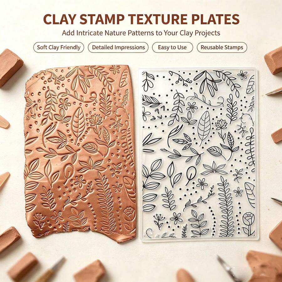 Leaf & Flower Pattern Clay Stamp Texture Mat, Suitable For Pottery, Ceramics, Polymer Clay Tools, Can Be Used For Embossing, Debossing, Sealing, Non-Stick, Reusable, Flexible - Clear - View 1